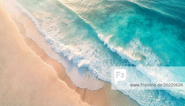 Luftaufnahme von schäumenden Ozeanwellen  die auf den Sandstrand treffen. Exotische heitere Meer  tropischen Sommerurlaub am Meer  Urlaub Erholung Konzept  Pastell türkisen Farben Hintergrund. AI generiert Kunst  KI generiert