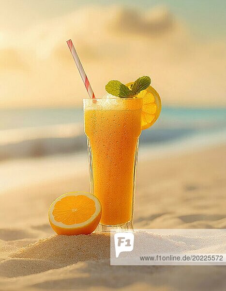 Frischer Orangensaft Cocktail im Sand auf einem tropischen Strand Resort. Sommer entspannen Hintergrund. AI generiert Kunst  KI generiert