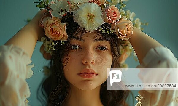 Ein ruhiges Porträt eines Mädchens mit einer Blumenkrone  die Eleganz und Weiblichkeit ausstrahlt  erzeugt AI  KI generiert