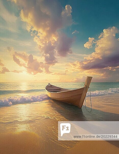 Traumhafte Szene mit einem Holzboot am Strand. Sonnenuntergang auf dem Meer in Pastellfarben. AI generierte Kunst  KI generiert
