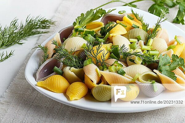 Conchiglie farbigen Nudeln mit frischen grünenGemüse auf einem Leinen Tischdecke auf weißem Holz Hintergrund. close up  selektiven Fokus