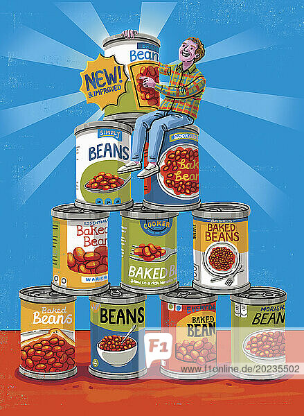 Mann wÃ¤hlt Dose aus vielen verschiedenen Baked Beans-Marken aus