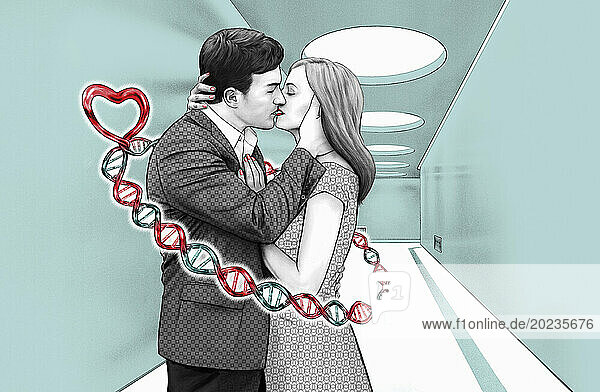 DNA-Helix umgibt ein sich kÃ¼ssendes Paar und bildet eine Herzform