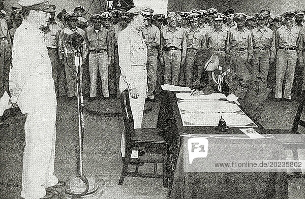 EDITORIALThe signing of the Japanese surrender on board the American batleship Missouri anchored in Tokyo Bay  2 September  1945. Seen here General MacArthur  extreme left  watches General Umezu sign. Douglas MacArthur  1880 – 1964. American military leader  General of the Army for the United States and field marshal to the Philippine Army. Yoshijiro Umezu  1882 – 1949. Japanese general in World War II and Chief of the Army General Staff. From The War in Pictures  Sixth Year.