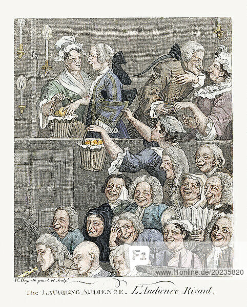 The Laughing Audience / L'Audience Risant. After an 18th century work by William Hogarth. Later colorization.