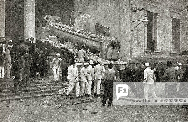 The Alicante train derailment  October 5  1912. A passenger train approaching Alicante station went off the track and crashed in to the station buildings  causing the death of nine people and seriously injuring 22 others. From Mundo Grafico  published 1912.