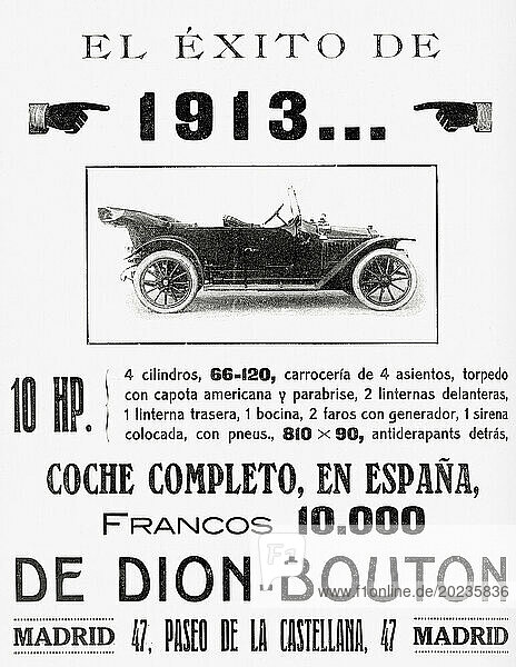 Spanish advertisement for a De Dion-Bouton motor car. From Mundo Grafico  published 1912.