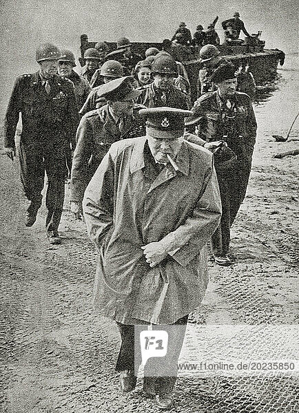EDITORIAL Winston Churchill seen here crossing the Rhine with Montgomery  1945. Sir Winston Leonard Spencer-Churchill  1874 – 1965. British politician  army officer  writer and twice Prime Minister of the United Kingdom. Field Marshal Bernard Law Montgomery  1st Viscount Montgomery of Alamein  1887 – 1976  aka Monty . Senior British Army officer who served in the First World War  the Irish War of Independence and the Second World War. From The War in Pictures  Sixth Year.