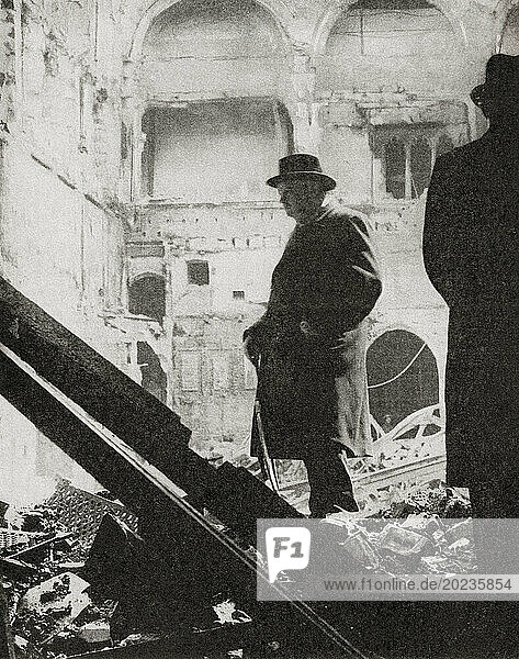 EDITORIAL Winston Churchill inspects the ruins of part of the Houses of Parliament after London's severest air raid by German bombers  10-11 May  1941. Sir Winston Leonard Spencer-Churchill  1874 – 1965. British politician  army officer  writer and twice Prime Minister of the United Kingdom. From The War in Pictures  Second Year.