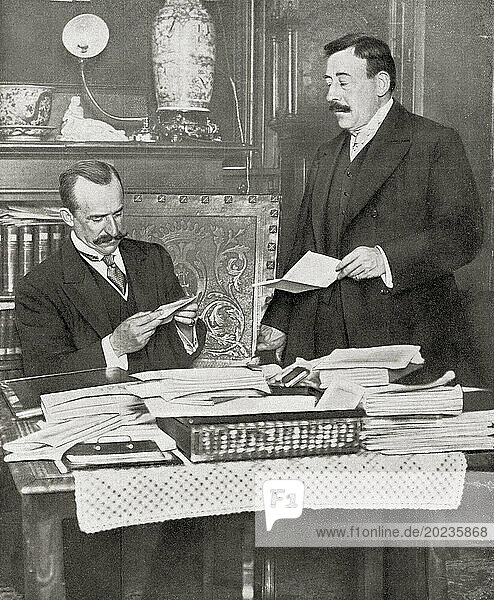 EDITORIAL Álvaro de Figueroa y Torres-Sotomayor  1st Count of Romanones  1863 – 1950. Spanish politician  businessman and three times Prime Minister of Spain. Seen here on the left  in his office with his secretary Señor Brocas. From Mundo Grafico  published 1912.