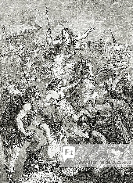 Boudica or Boudicca  aka Boadicea  Boudicea  Buddug. Queen of the ancient British Iceni tribe  leader of a failed uprising against the conquering forces of the Roman Empire in AD 60 or 61. From Cassell's Illustrated History of England  published 1857.