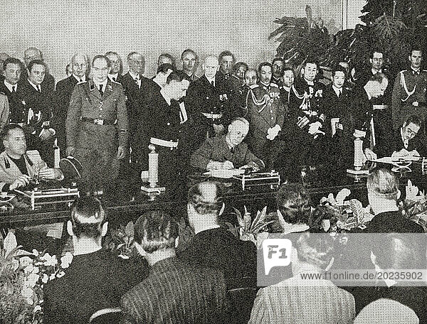 EDITORIAL Japan signs the Tripartite Treaty  Berlin  27 September 1940. Seen here seated from left to right  Ciano  Ribbentrop and Kuruso. Gian Galeazzo Ciano  2nd Count of Cortellazzo and Buccari   1903 –1944. Italian diplomat  politician  Foreign Minister in the government of his father-in-law  Benito Mussolini. Ulrich Friedrich-Wilhelm Joachim von Ribbentrop  1893 – 1946. German politician  diplomat and Minister of Foreign Affairs of Nazi Germany. Saburo Kurusu  1886 – 1954. Japanese career diplomat and Imperial Japan's ambassador to Germany  1939-1941. From The War in Pictures  Sixth Year.