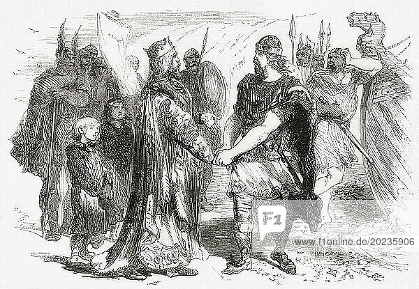 The meeting of Edmund Ironside and King Cnut on the island of Alnery in the River Severn after Edmund's defeat at the Battle of Assandun in 1016  to negotiate peace and divide the country between them. Edmund Ironside  c.?990 –1016  aka Edmund II. King of the English. Cnut  c. 990 – 1035  aka Cnut the Great and Canute. King of England from 1016  King of Denmark from 1018  and King of Norway from 1028 until his death in 1035. From Cassell's Illustrated History of England  published 1857.