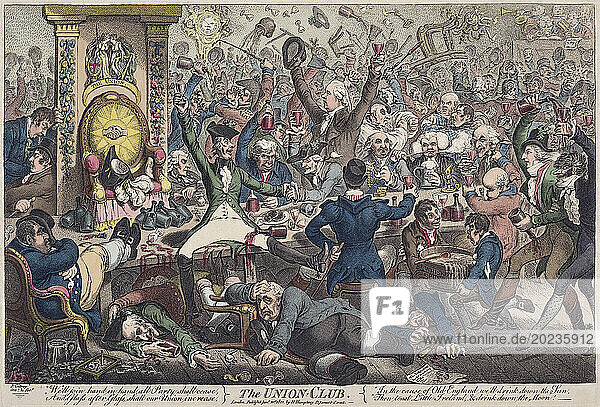 The Union Club. An 1801 satire by James Gillray on the effects of the Acts of Union 1800 when the Parliaments of Great Britain and Ireland merged to form the Parliament of the United Kingdom. The apparant bonhomie in the foreground between various political figures is contrasted with the brawling in the background.