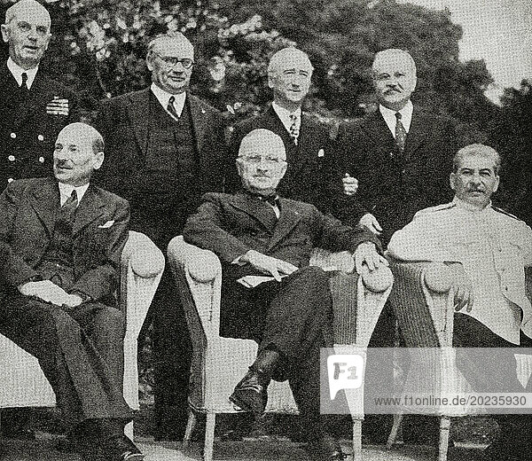 EDITORIAL The Potsdam Conference  1945. Front row from left to right: Mr Attlee  President Truman and Stalin. Back row from left to right: Admiral Leahy  Mr. Ernest Bevin  Mr J Byrnes and M Molotov. Clement Richard Attlee  1st Earl Attlee  1883 – 1967. British statesman and Labour Party politician  Prime Minister of the United Kingdom. Harry S. Truman  1884 – 1972. 33rd president of the United States of America. Joseph Vissarionovich Stalin  1878 – 1953. Soviet revolutionary and politician  leader of the Soviet Union and General Secretary of the Communist Party of the Soviet Union. From The War in Pictures  Sixth Year.