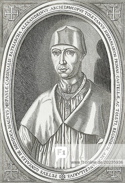 Pedro González de Mendoza  1428 – 1495. Spanish cardinal and statesman who served as Archbishop of Toledo  Archbishop of Sevilla  Bishop of Sigüenza and Bishop of Calahorra y La Calzada.