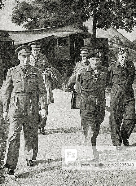EDITORIALKing George VI on his royal tour of the battle areas in Western Europe during WWII  1944  seen here leaving British headquarters with Field Marshal Montgomery. George VI  1895 – 1952. King of the United Kingdom. Field Marshal Bernard Law Montgomery  1st Viscount Montgomery of Alamein  1887 – 1976  aka Monty and The Spartan General. Senior British Army officer. From The War in Pictures  Sixth Year.
