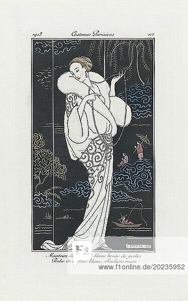 White velvet coat embroidered with pearls. White damask dress. Pink shoes. Print from the high fashion magazine Journal des Dames et des Modes  published from June 1  1912 to August 1  1914. After a work by French illustrator George Barbier  1882 - 1932.