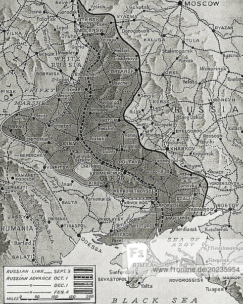 Map showing the Russian advance in October 1943  the Red Army launched an offensive of a 1 000 mile front from Vitebsk to the Taman Peninsula  Russia  wiping out German bridgeheads on the way. From The War in Pictures  Fifth Year.