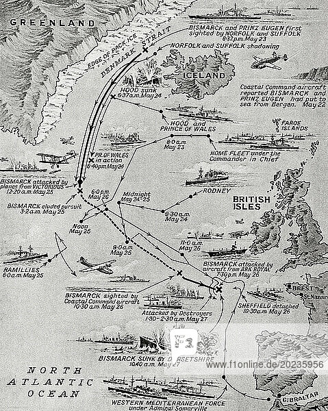 Map illustrating the stages of the three thousand mile chase which resulted in the destruction of the Bismarck in revenge for the loss of H.M.S. Hood  24-27 May  1941. From The War in Pictures  Sixth Year.