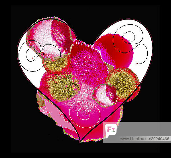 Ink art  Ink Hearts  with pink  red and gold floral influences; Artwork