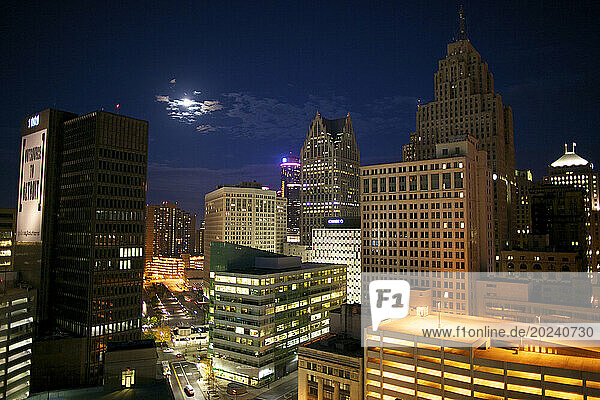 Downtown Detroit's skyscrapers touch the night sky; Detroit  Michigan  United States of America