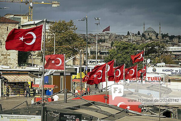 Turkish flags and Suleymaniye Mosque in the background; Istanbul  Turkey