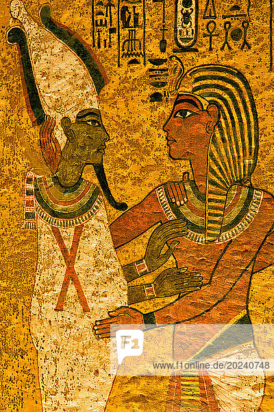 Colourful wall art and hieroglyphics in tomb of Tutankhamun at Valley of the Kings; Egypt