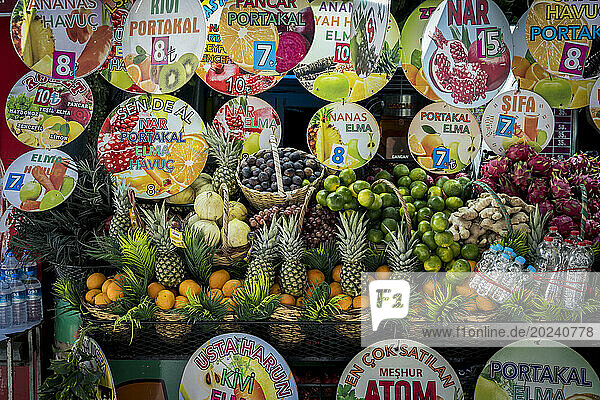 Juice stall at the Kadikoy produce market in Kadikoy  Istanbul; Istanbul  Turkey