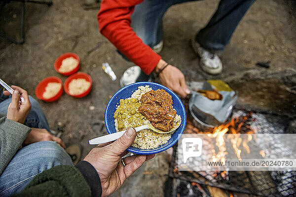Close-up of a meal cooked over a campfire in Kings Canyon National Park in California; California  United States of America