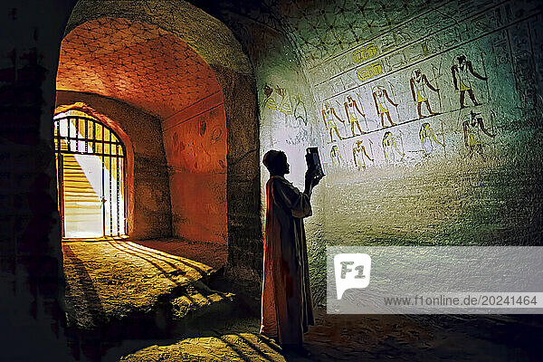 Man illuminates hieroglyphics on a wall in a Nubian king's tomb from the 25th dynasty. El-Kurru was one of the royal cemeteries used by the Nubian royal family. Egyptian empire began to decay in 1000BC and in 660BC Kingdom of Kush ruled an empire stretching from central Sudan to the borders of Palestine; Al Kurru  Sudan