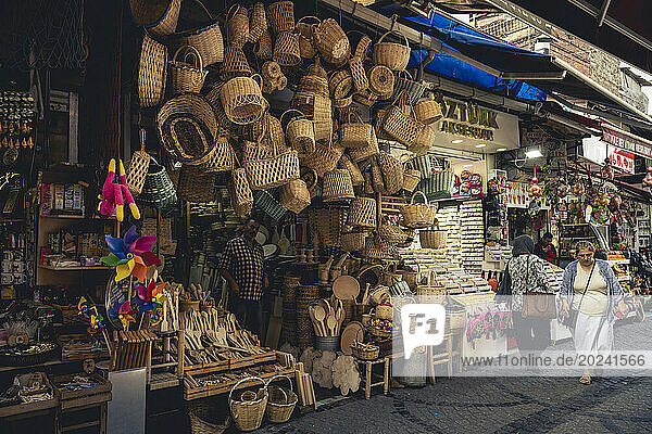 Baskets for sale around the Egyptian Bazaar in Istanbul; Istanbul  Turkey