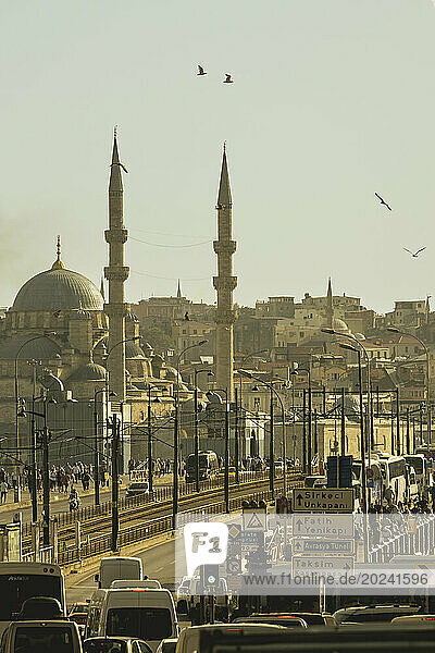 New Mosque (Yeni Cami) and Galata bridge seen from Beyoglu in Istanbul; Istanbul  Turkey