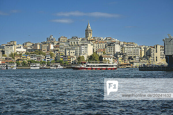 Galata Tower and Bosphorus from Eminonu in Istanbul; Istanbul  Turkey