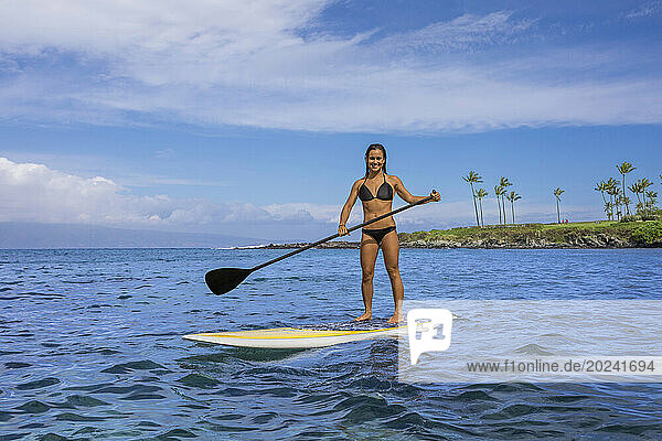 Young woman in bikini on stand-up paddle board on Kapalua Bay  Maui  Hawaii  USA; Maui  Hawaii  United States of America