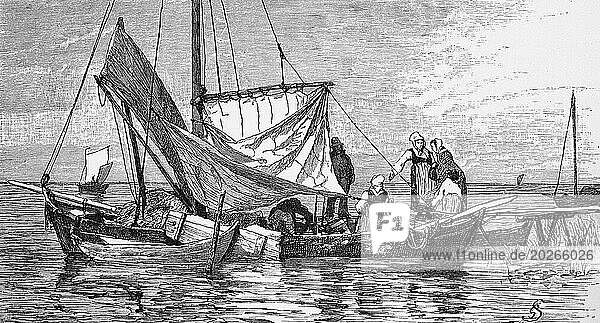 Segelboote auf Kurischem Haff  Oblast Kaliningrad  Russland  Transport  Menschen  Holzsteg  Frauen  historische Illustration 1880  Europa