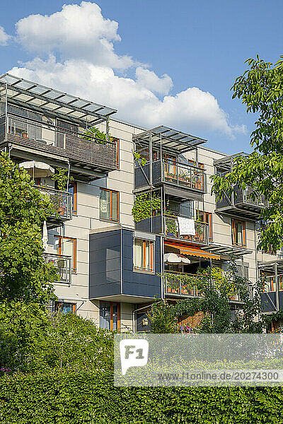 Balconies on green building in Munich  Bavaria  Germany