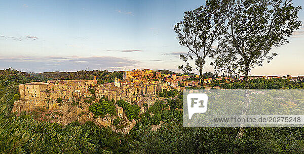 Town of Sorano in front of sky at sunset  Tuscany  Italy