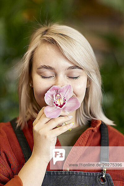 Young florist smelling pink colored flower