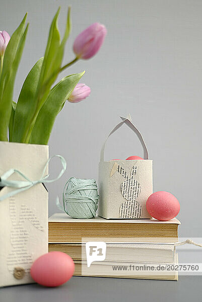 Blooming tulips  books and homemade Easter decorations