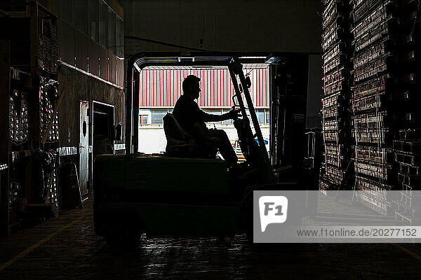 Warehouse worker operating forklift near pallets