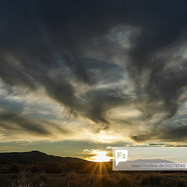USA  Idaho  Bellevue  Dramatic sky over landscape at sunset