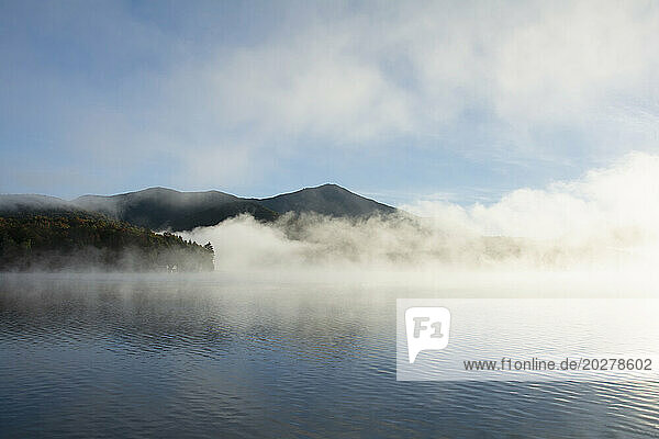 USA  NY  St. Armand  Whiteface Mountain and Lake Placid in morning mist