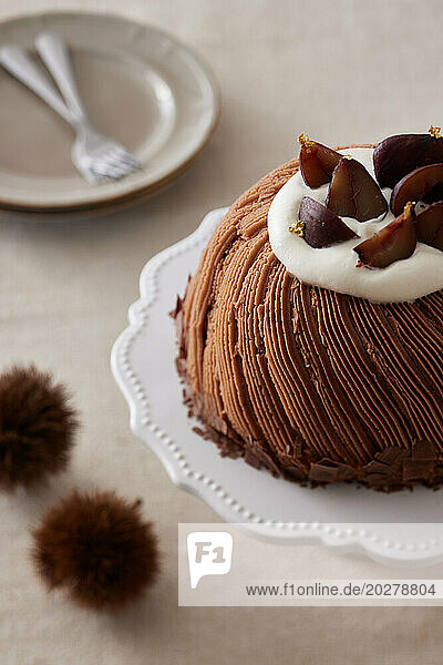 A chocolate cake on a white plate