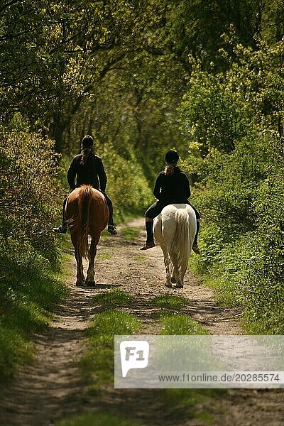 Zwei Mädchen auf Pferden auf einem idyllischen Feldweg