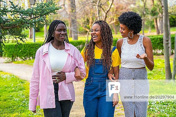 Glückliche junge afrikanische Freundinnen gehen Arm in Arm einen Parkweg entlang