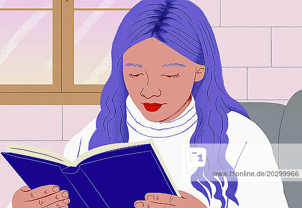 Young woman with purple hair reading book