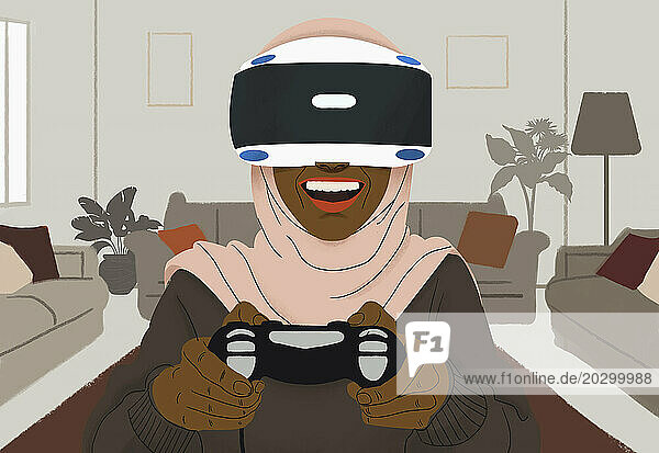 Happy woman in hijab playing video game with VR headset in living room at home