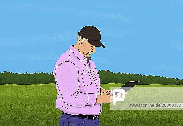 Senior male farmer in baseball cap using digital tablet in rural field