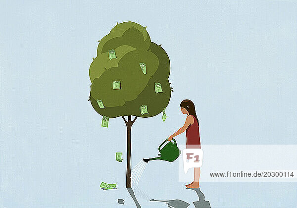 Barefoot woman watering money tree